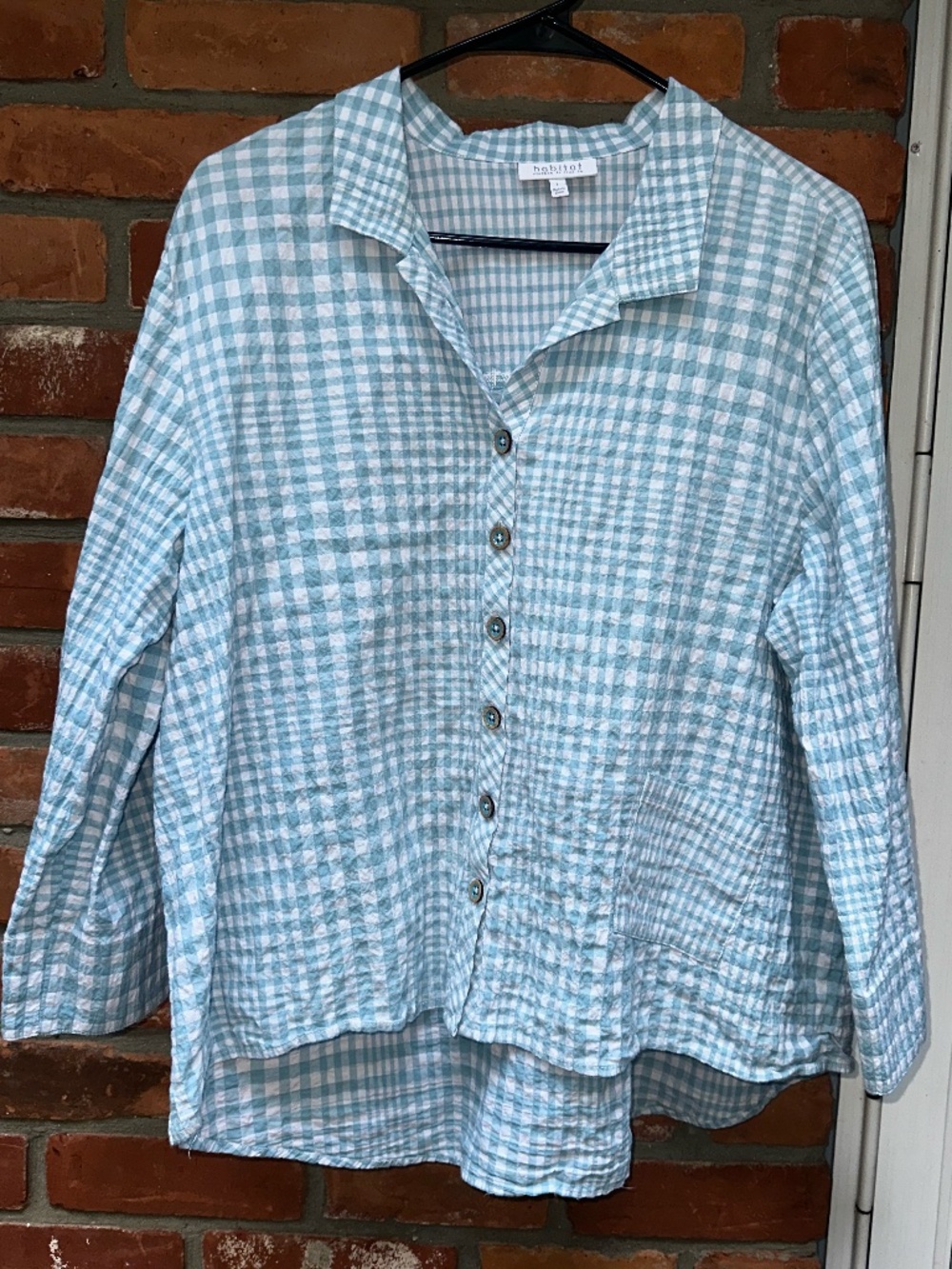 Habitat Seersucker Button Up Shirt Blue White Beach ~Large